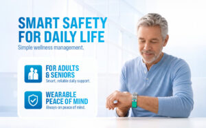 Man wearing a teal QR medical alert bracelet promoting smart daily safety with a custom engraved medical ID bracelet, Personal Health Record (PHR), and wearable emergency medical identification.