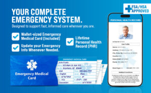 Complete QR medical alert bracelet system featuring Emergency Medical Card, lifetime Personal Health Record, smartphone medical profile, and FSA HSA eligibility.