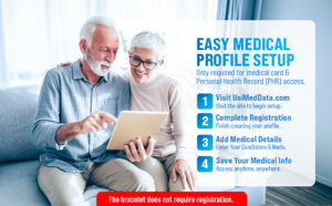 Couple using a tablet to create online personal health records for a Sport Medical Alert Bracelet with QR medical ID bracelet and emergency medical card access.