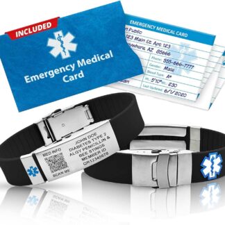 Black QR Code Sport Customized Medical Alert Bracelet with engraved stainless steel medical ID plate, emergency medical card, downloadable personal health record, and smartphone medical profile for first responders.