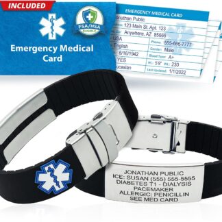 Black Sport medical alert bracelet with custom laser engraving, adjustable waterproof silicone band, stainless steel clasp, emergency medical card, and 12-month personal health record access for emergency medical information.