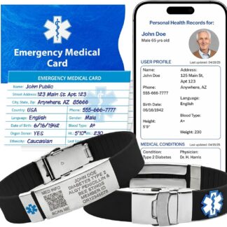 Black QR Sport Medical Alert Bracelet with custom laser engraved stainless steel medical ID plate, QR code, Member ID, Emergency Medical Card, and lifetime Personal Health Records for instant emergency medical information.