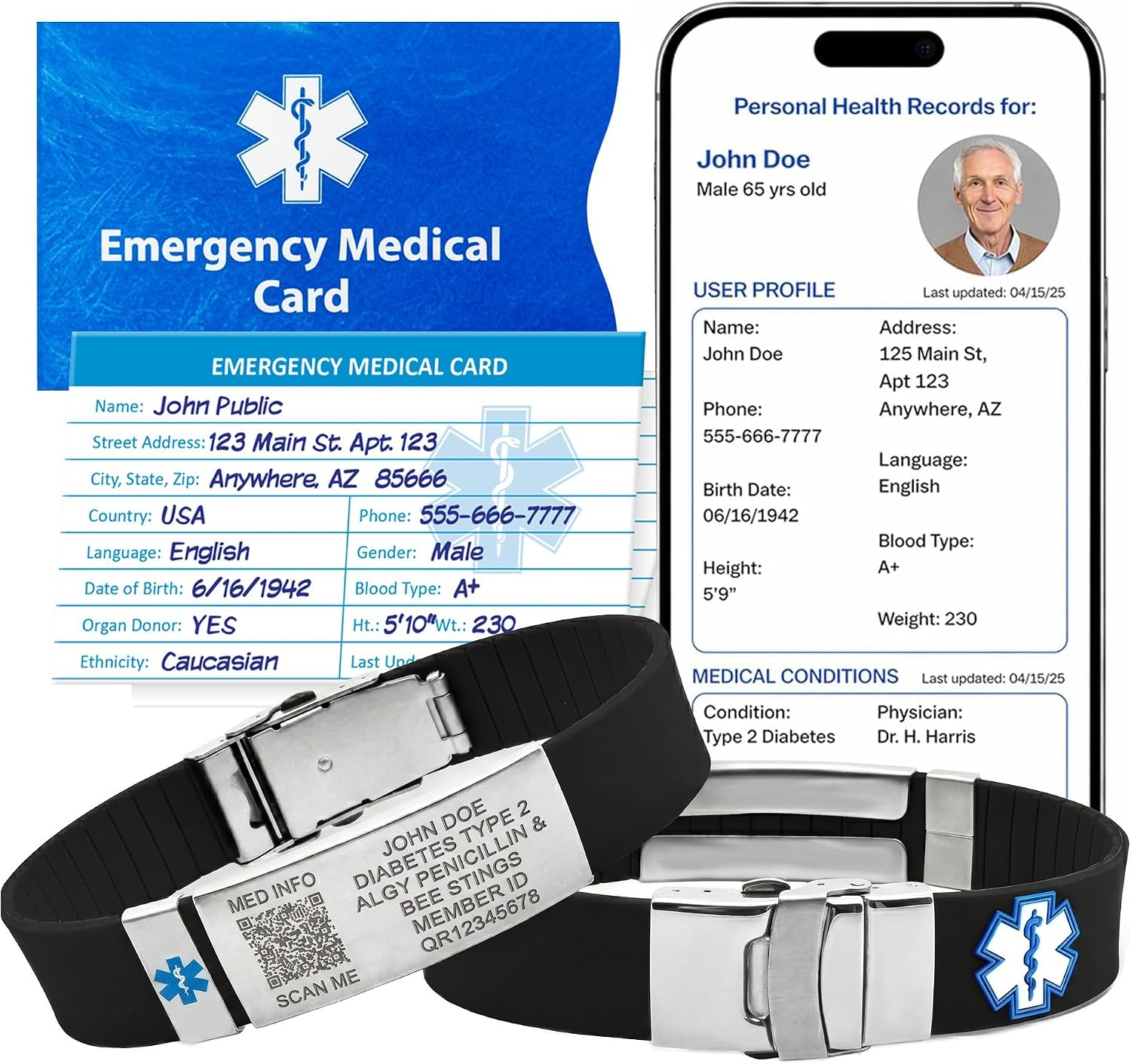 Black QR Sport Medical Alert Bracelet with custom laser engraved stainless steel medical ID plate, QR code, Member ID, Emergency Medical Card, and lifetime Personal Health Records for instant emergency medical information.