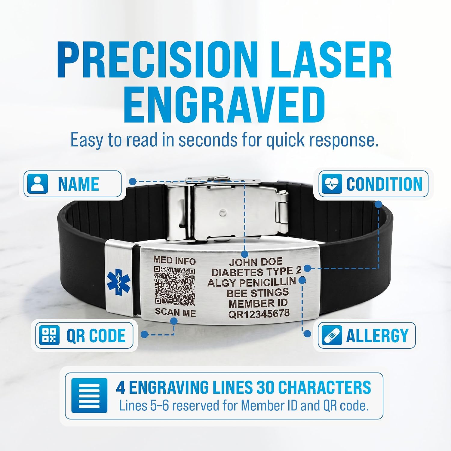 Black QR Sport Medical Alert Bracelet with precision laser engraved stainless steel medical ID plate showing QR code, allergies, medical conditions, and emergency information.