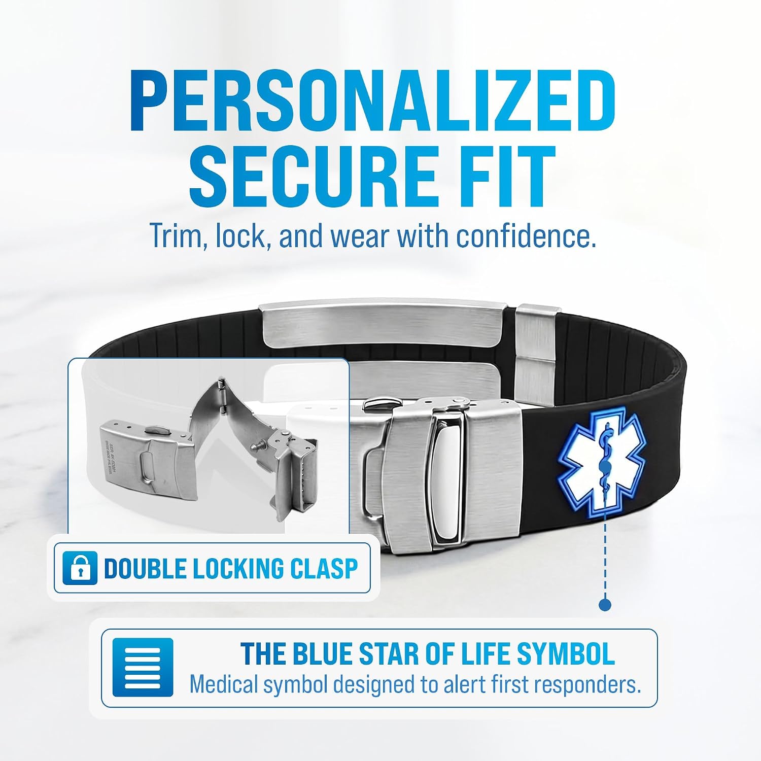 Black QR Sport Medical Alert Bracelet featuring adjustable waterproof silicone band, double-lock clasp, and visible Star of Life medical symbol.