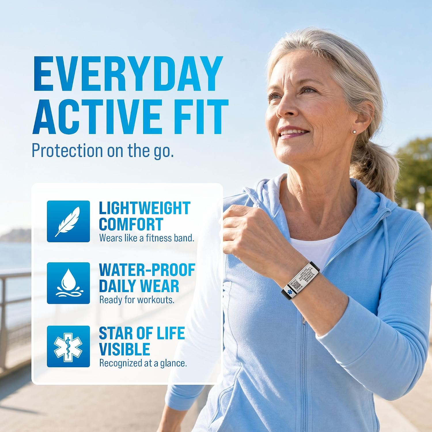 Woman wearing Black QR Sport Medical Alert Bracelet while exercising, showing lightweight waterproof medical alert bracelet with custom engraved medical ID.