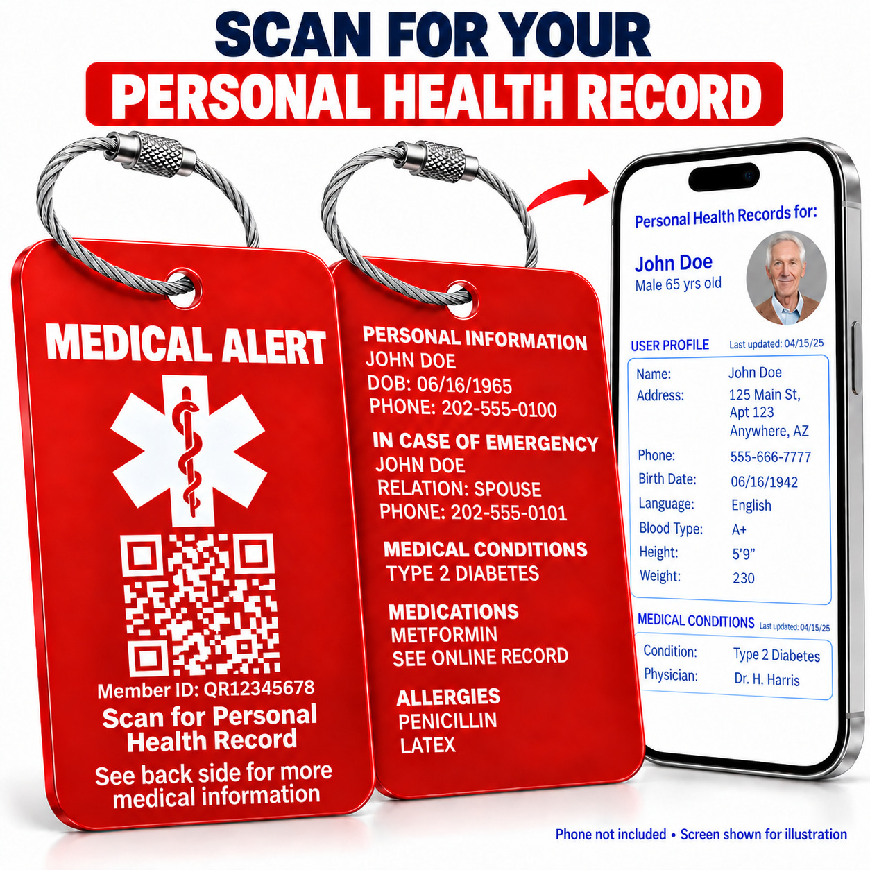 Red personalized QR medical alert luggage tag with custom engraved emergency information, medical conditions, medications, allergies and scan access to a Personal Health Record.