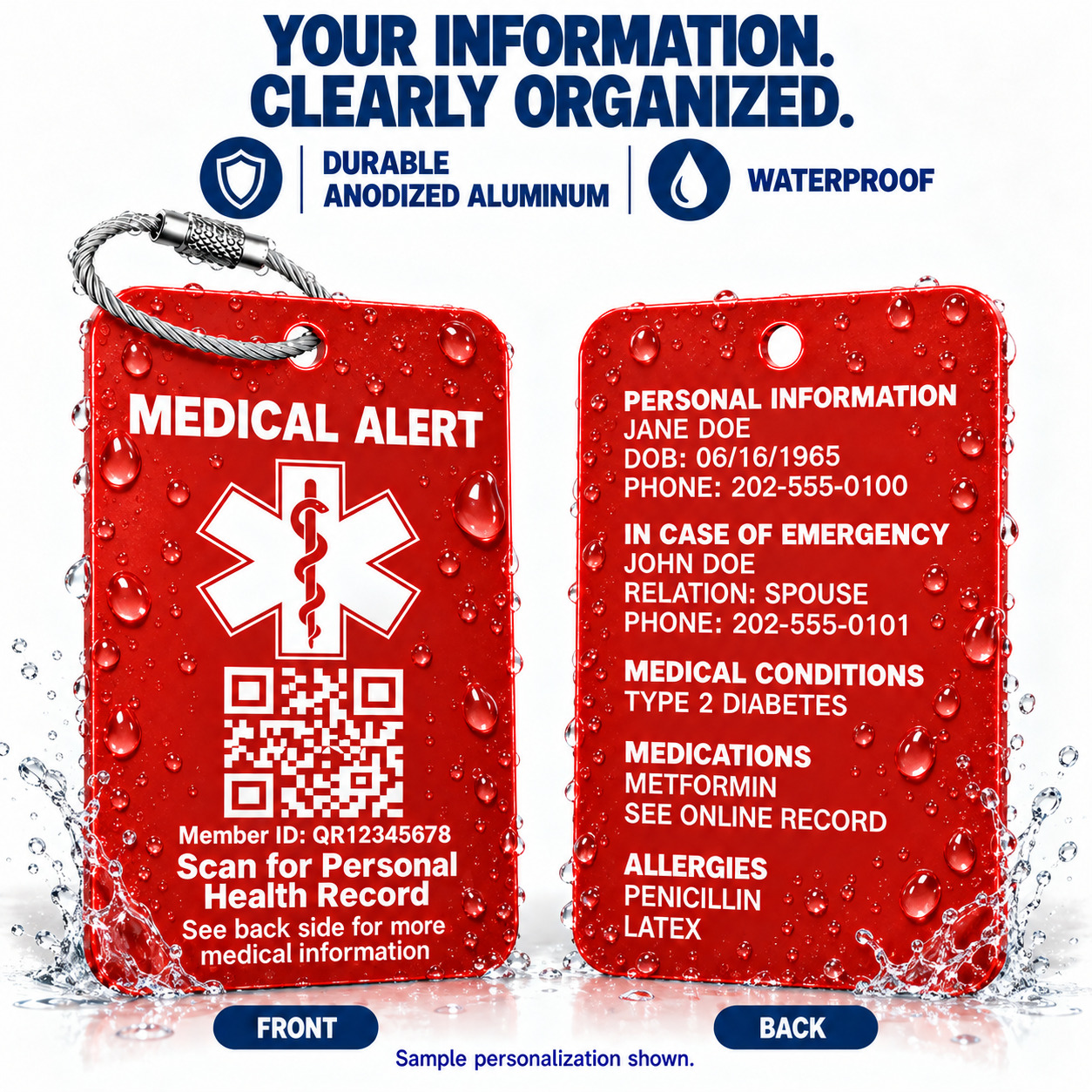 Waterproof red medical alert bag tag with QR health record access, custom emergency contact details, medication information, allergies and medical conditions on durable anodized aluminum.