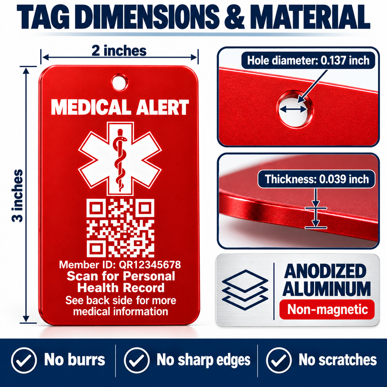 Red personalized QR medical alert luggage tag measuring 2 x 3 inches, made from durable non-magnetic anodized aluminum with 0.039-inch thickness and 0.137-inch attachment hole.