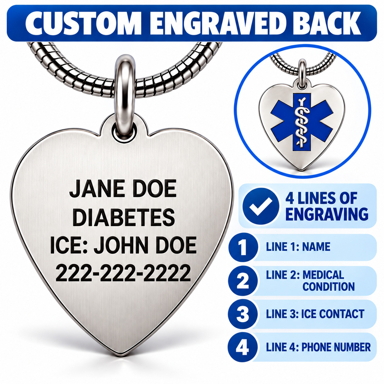Custom engraved heart medical alert necklace showing 4 lines of personalized medical information, including name, medical condition, emergency contact and phone number on a stainless steel pendant.