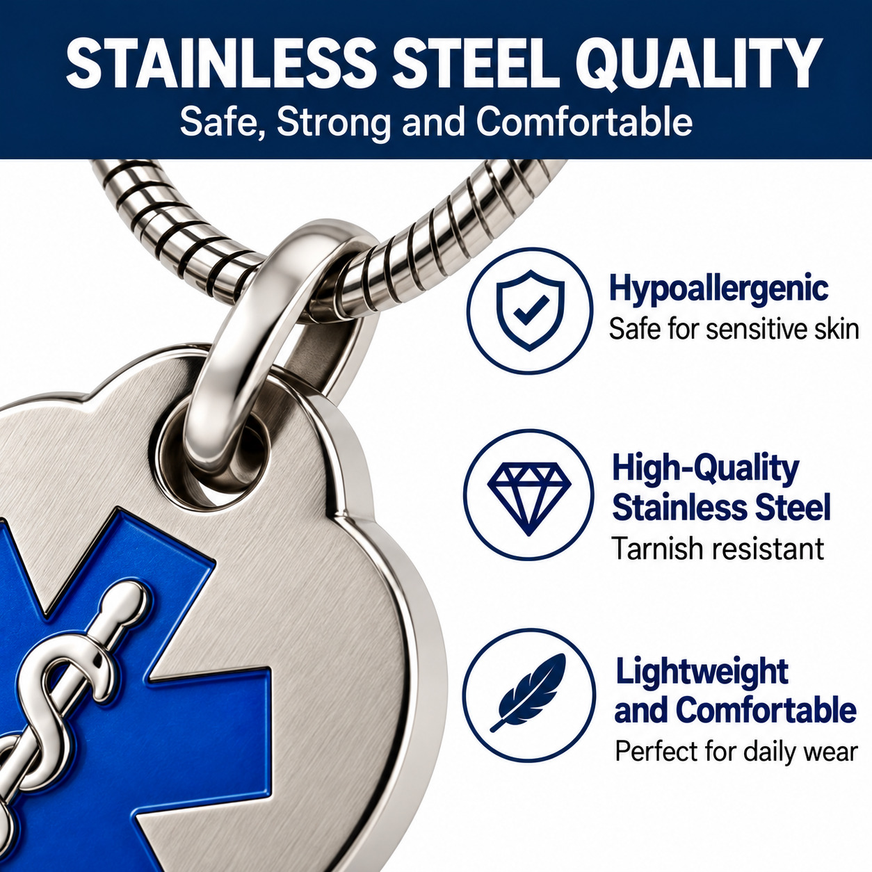 Stainless steel heart medical alert necklace with blue Star of Life symbol, hypoallergenic tarnish-resistant medical ID pendant and lightweight chain for comfortable daily wear.