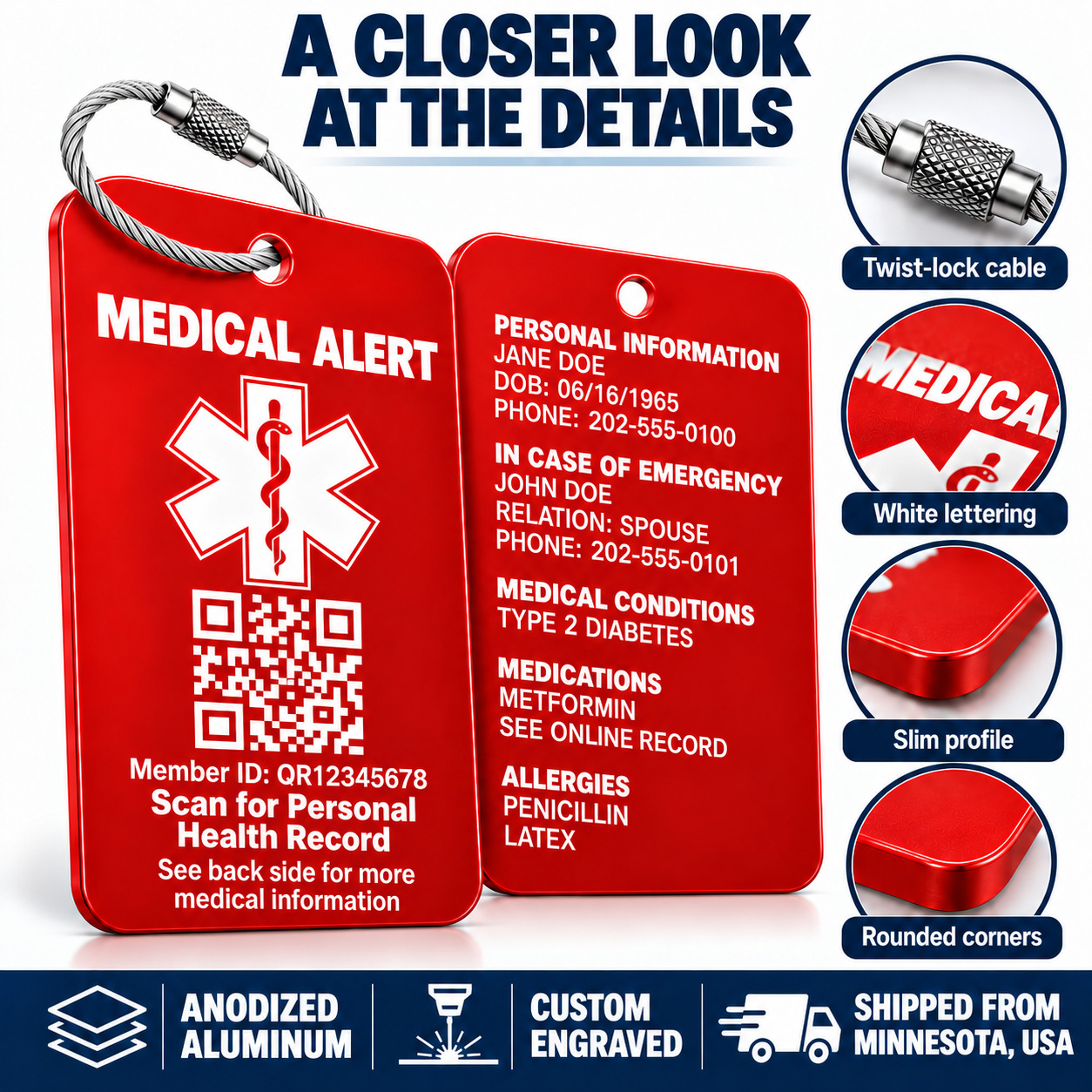 Red personalized QR medical alert luggage tag with custom white engraving, emergency contact information, medical conditions, medications, allergies and Personal Health Record access.