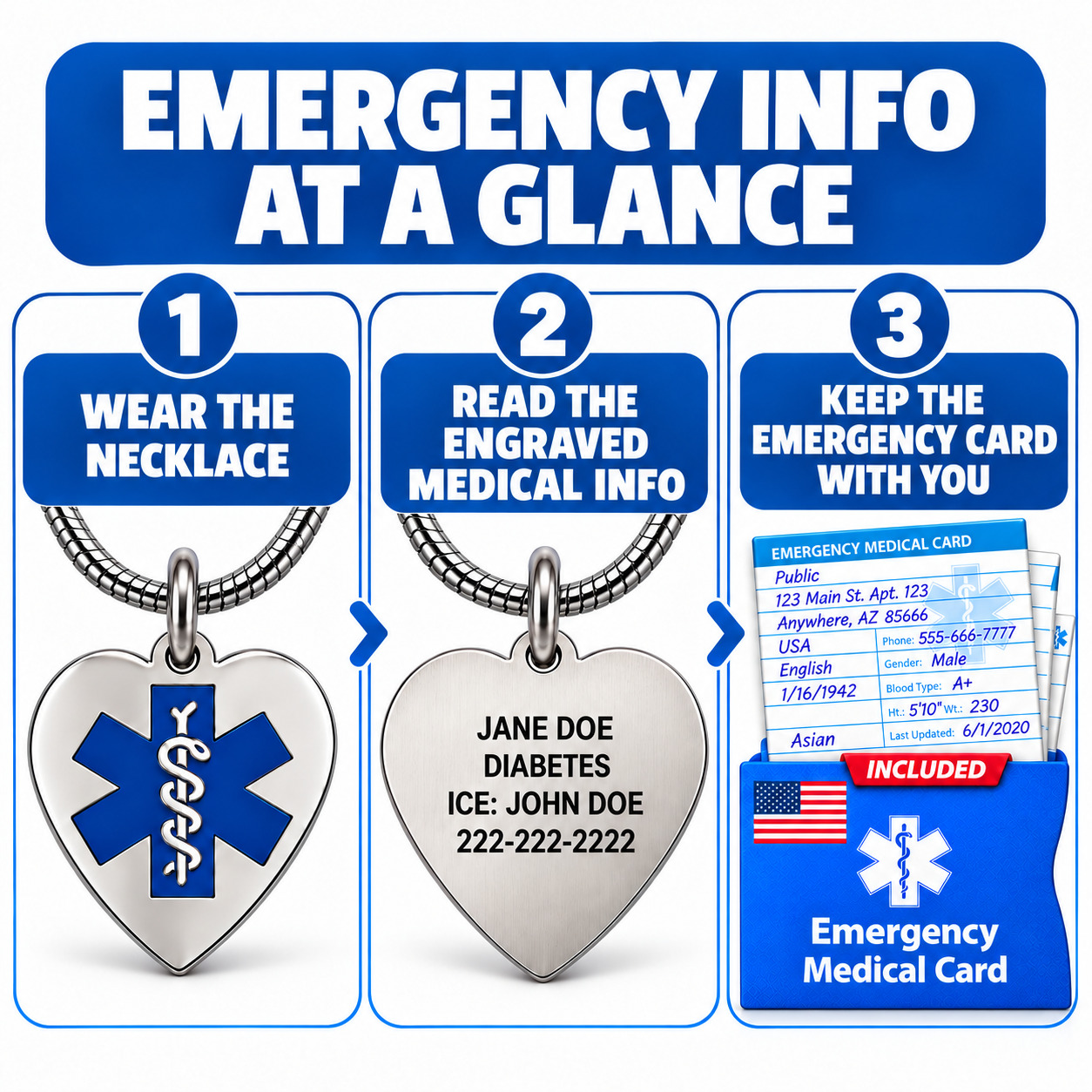 Heart medical alert necklace showing how emergency responders can read engraved medical conditions and ICE contact details, with an included emergency medical wallet card for additional health information.