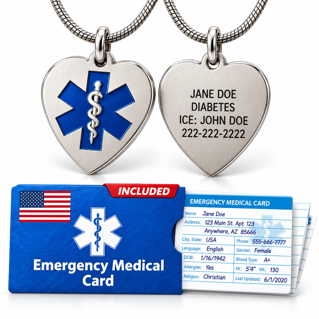 Personalized heart medical alert necklace with blue Star of Life symbol, custom engraved medical ID pendant, stainless steel chain, and included emergency medical wallet card with protective sleeve.
