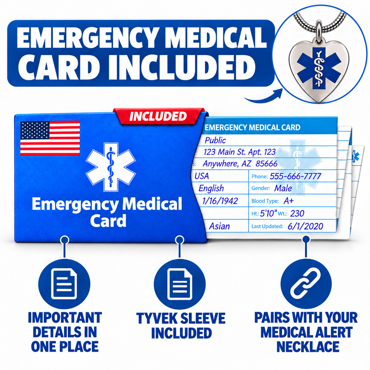 Heart medical alert necklace with blue Star of Life symbol and included emergency medical wallet card with protective Tyvek sleeve for storing personal health information.