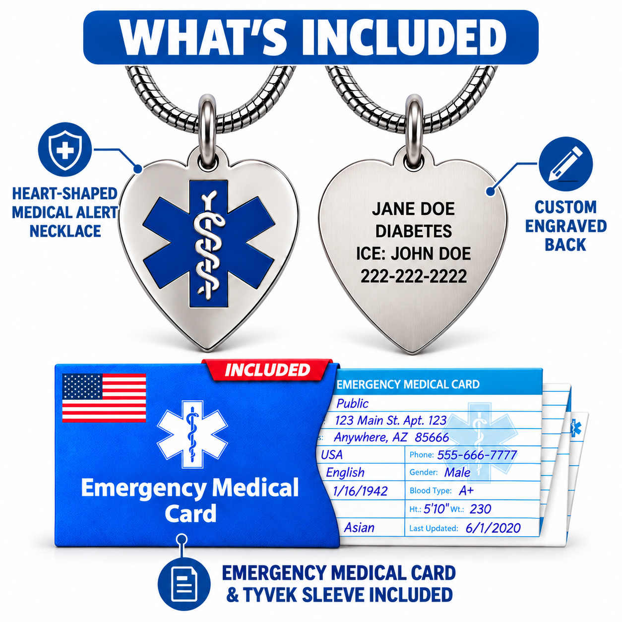 Personalized heart medical alert necklace with blue Star of Life symbol, custom engraved stainless steel pendant front and back, emergency medical wallet card and Tyvek sleeve included.