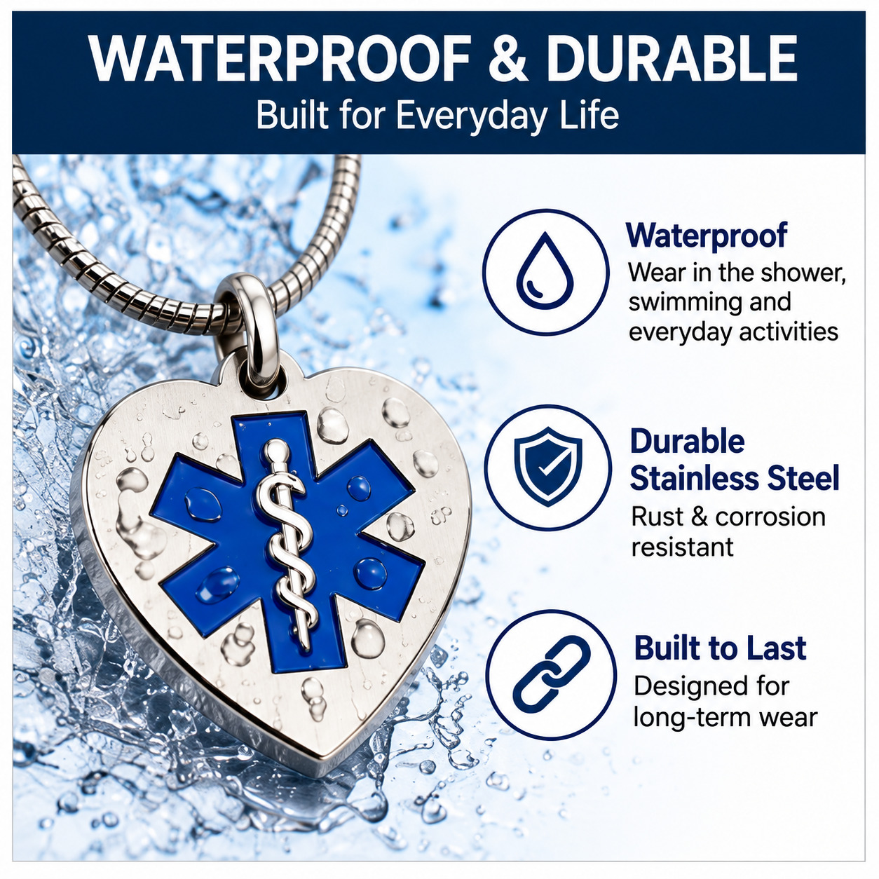Waterproof stainless steel heart medical alert necklace with blue Star of Life symbol, rust-resistant medical ID pendant and durable chain designed for swimming, showering and everyday wear.